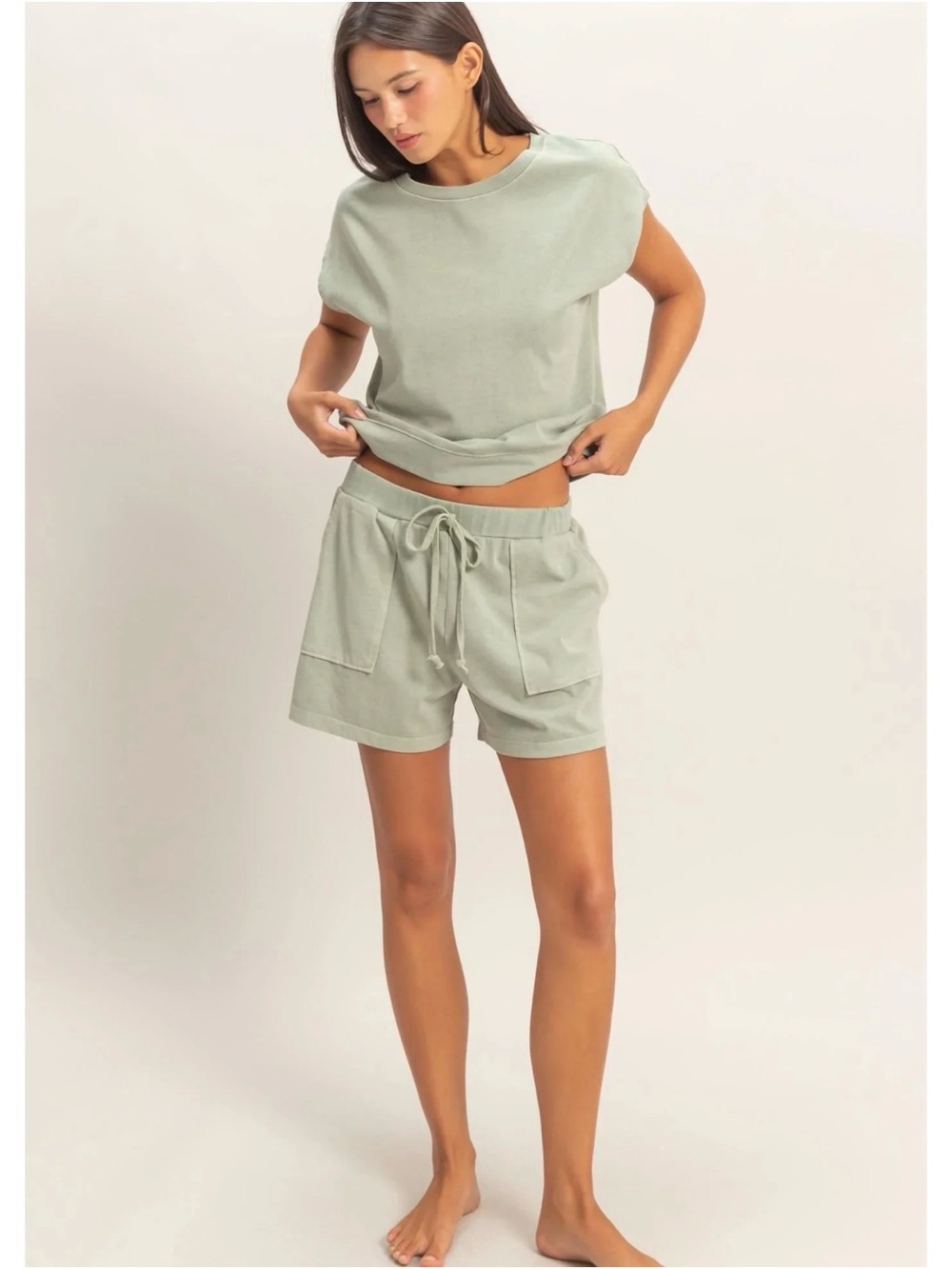 Sage Green Cotton Lounge Set - Top & Drawstring Shorts